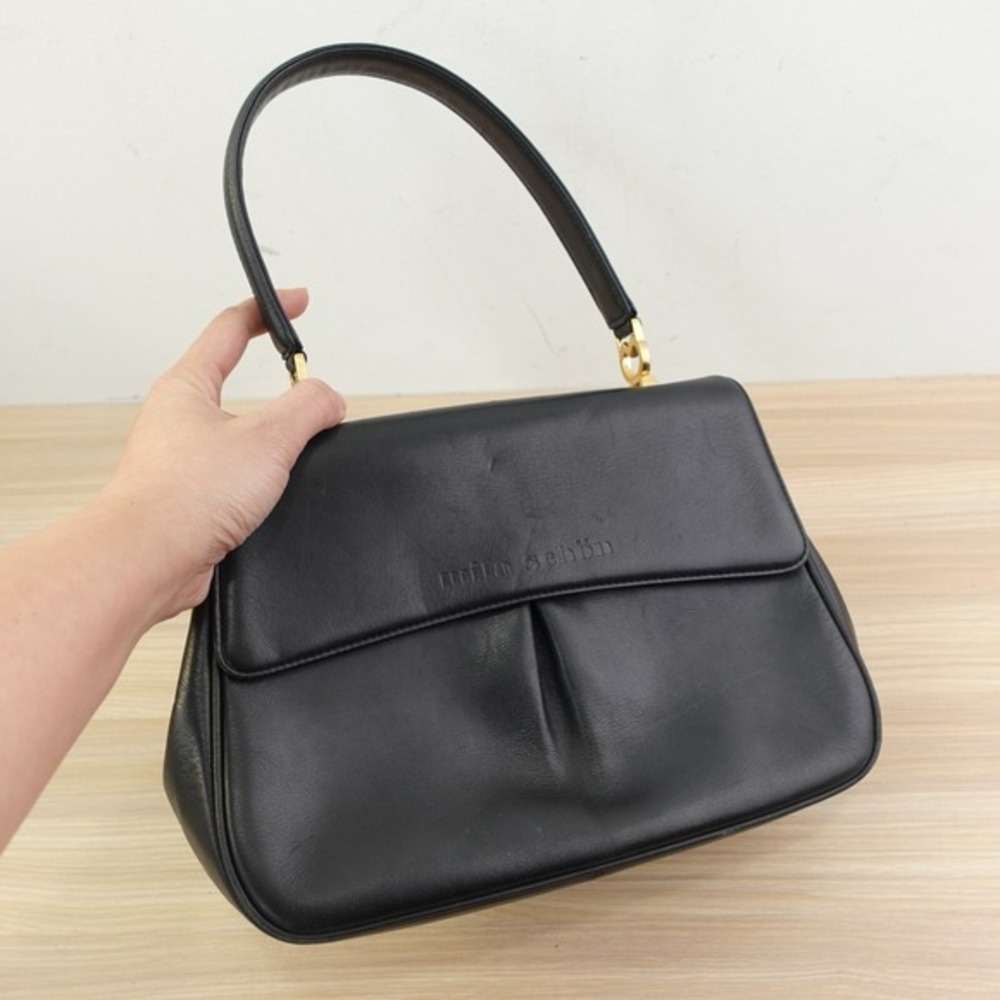 Vintage MILA SCHON Top Handle Bag Black Matte Leather Purse Italian Luxury ITALY